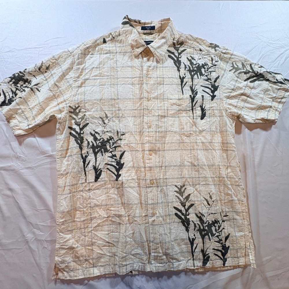 Nautica Button‎ Down Shirt Mens XXL Beige Plaid Botanical Cotton Short Sleeve - Picture 2 of 8